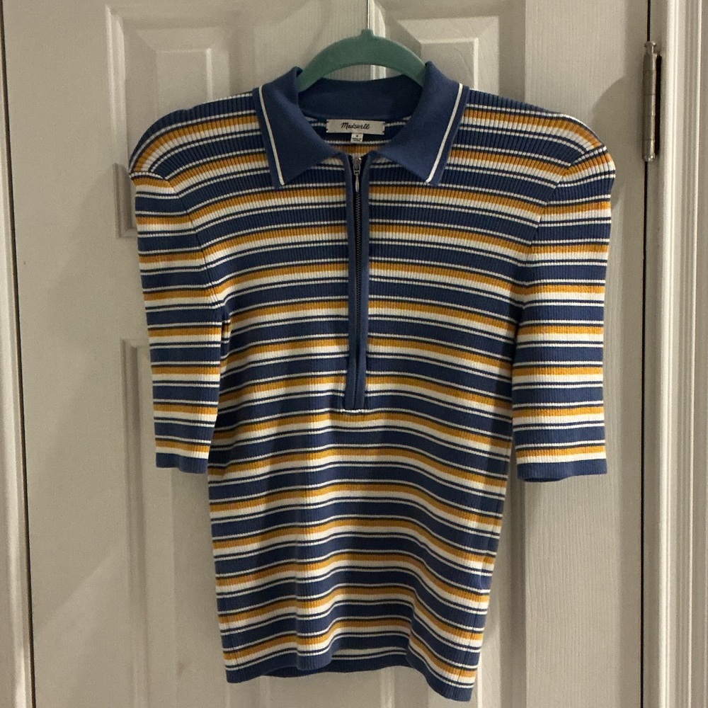 Madewell Striped Zip-Front Polo in Blue, Mustard & White